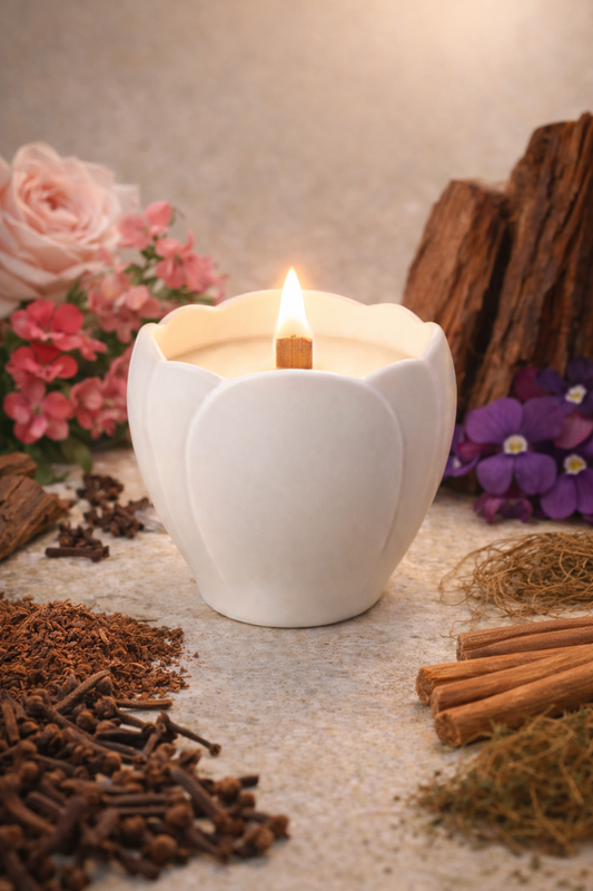 Lumine Rose & Sandalwood soy wax candle in a magnolia-shaped porcelain vessel styled with rose petals, clove buds, violet notes and cedarwood chips.