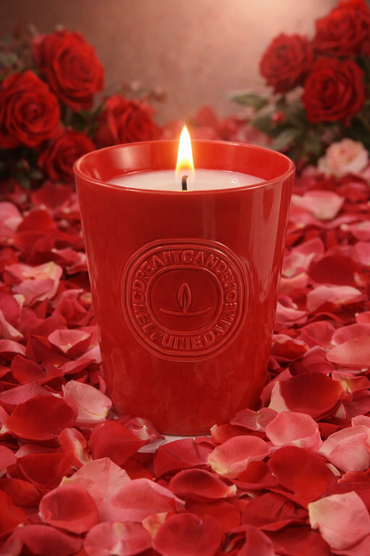 Lumine rose petals soy wax candle lit in a styled ingredient scene with natural rose petals (signature) and soft floral accents.