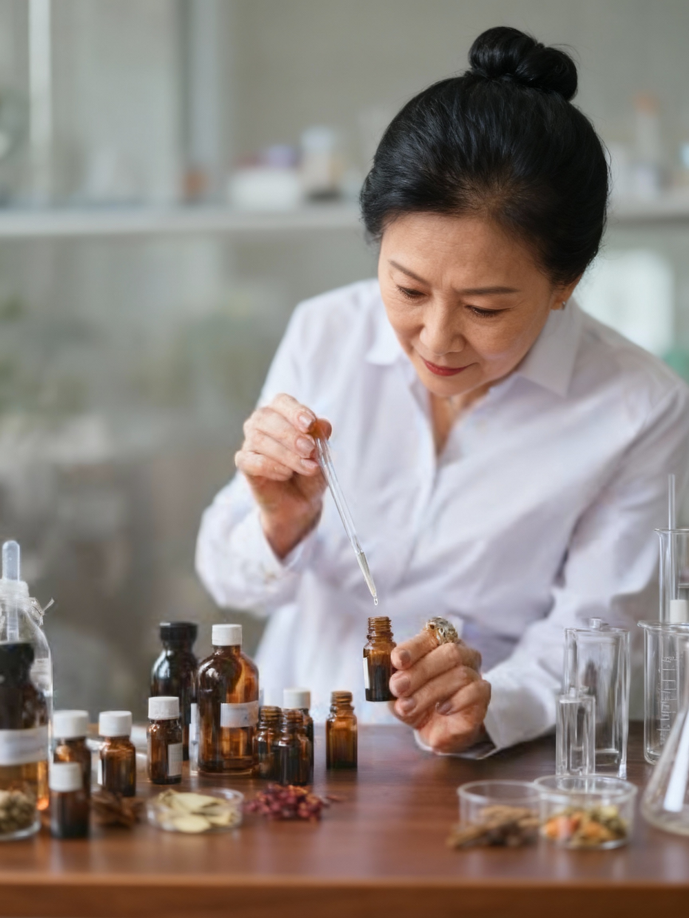 Eliana Marquez,an experienced scent designer, working in a fragrant workspace. Surrounded by various botanicals, she designs modern floral and spice-based fragrances with refined intensity.