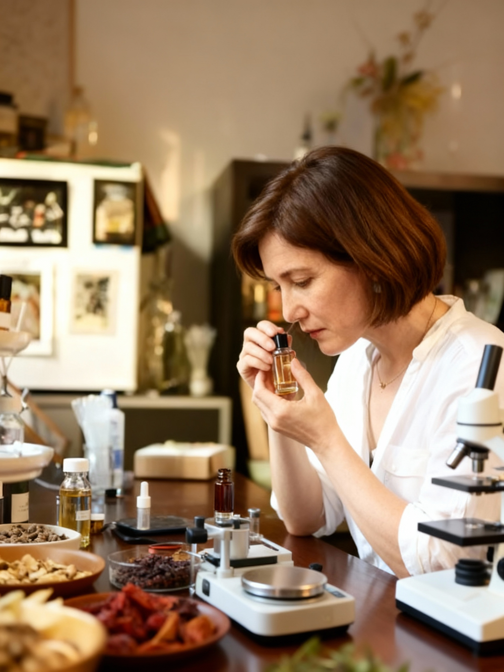 Thiraphat Srisuwan,an experienced scent designer, working in a fragrant workspace. Surrounded by various botanicals, she designs modern floral and spice-based fragrances with refined intensity.