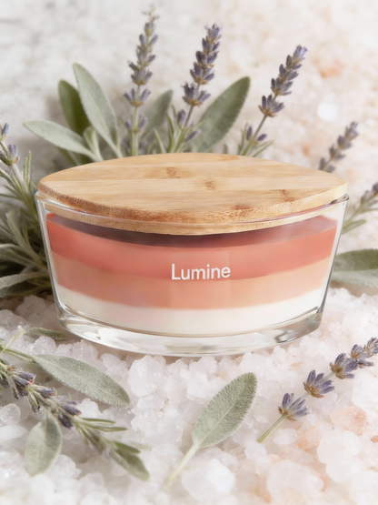 Lumine Sea Salt & Sage soy wax candle in a glass jar styled with sea salt crystals and sage leaves.
