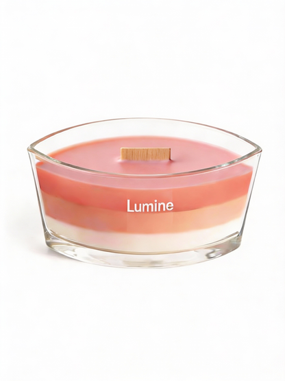 Top view of Lumine Sea Salt & Sage soy wax candle with the wooden lid removed, showing the wooden wick and layered wax.