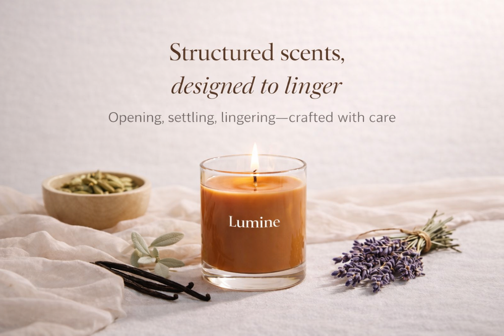 Lumine soy wax candle in a glass jar, surrounded by cardamom pods, vanilla beans, and lavender, illustrating the structured scent philosophy. Designed with an opening, settling, and lingering progression for a modern, breathable fragrance experience.