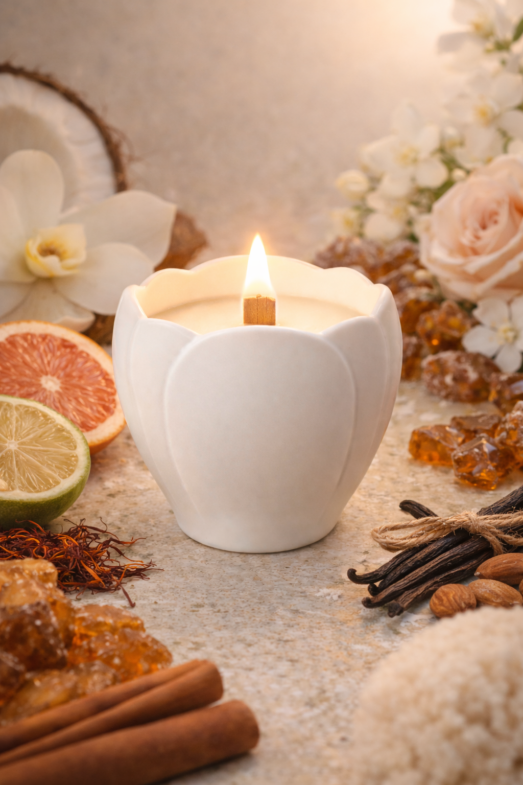Lumine Vanilla & Amber soy wax candle in a magnolia-shaped porcelain vessel styled with vanilla pods, cinnamon sticks, saffron threads, almond pieces, myrrh resin and coconut accents.