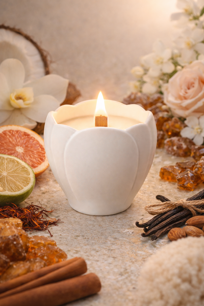 Lumine Vanilla & Amber soy wax candle in a magnolia-shaped porcelain vessel styled with vanilla pods, cinnamon sticks, saffron threads, almond pieces, myrrh resin and coconut accents.