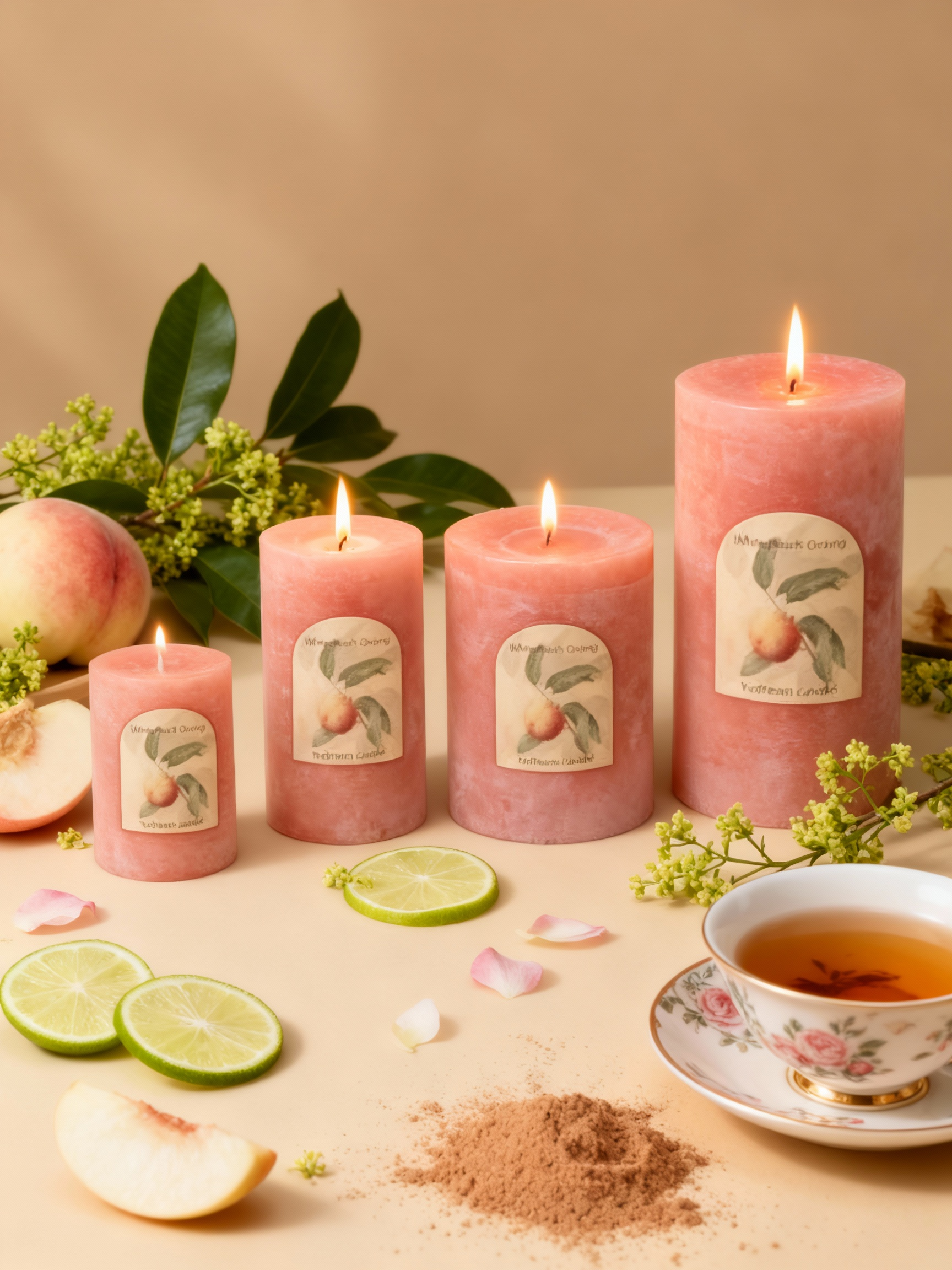 Lumine White Peach & Oolong soy wax candles lit in a styled ingredient scene with white peach accents and oolong tea notes, showing all sizes (340g, 500g, 560g, 840g).