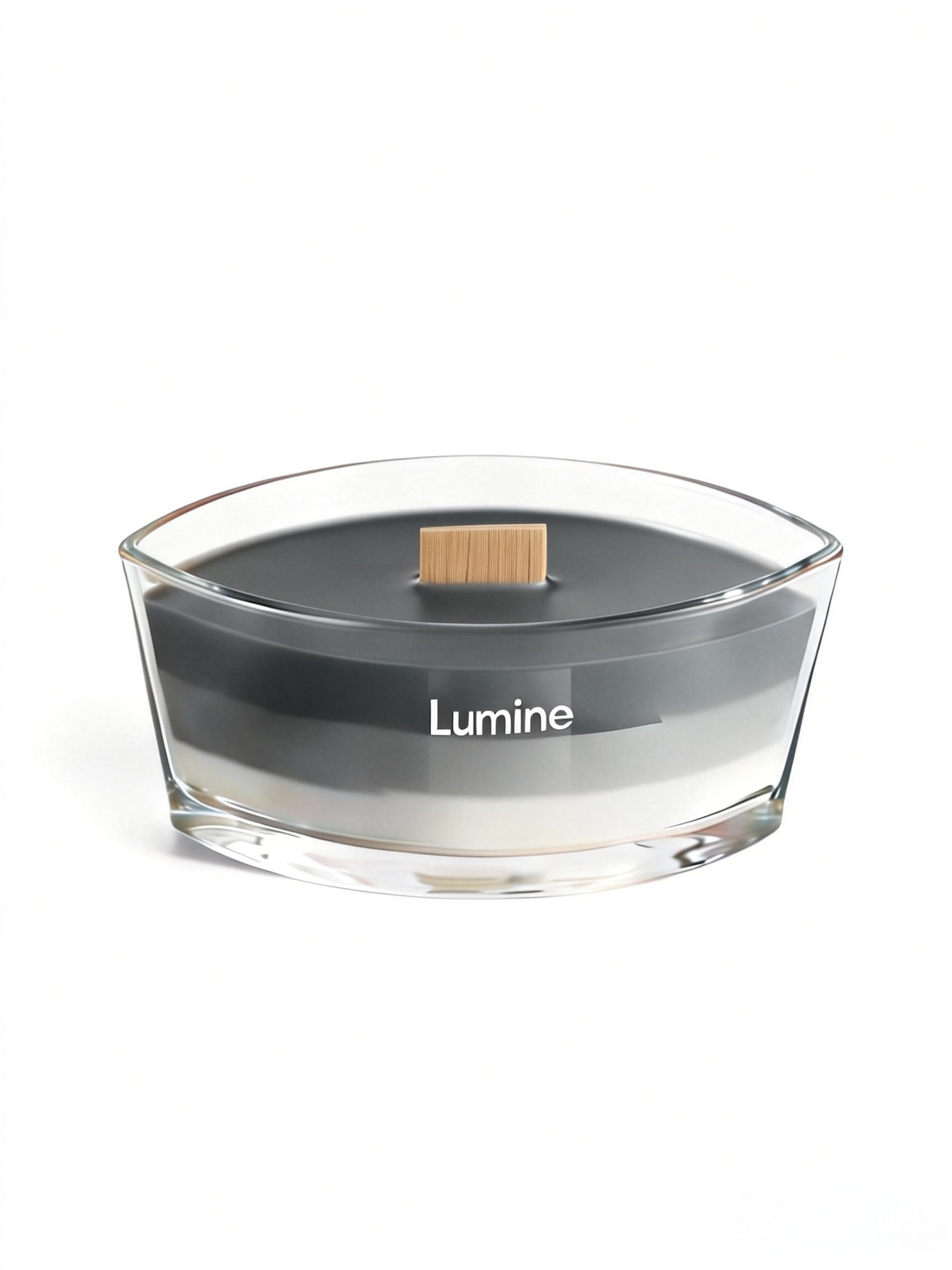 Top view of Lumine White Tea & Moss soy wax candle with the wooden lid removed, showing the wooden wick and layered wax.
