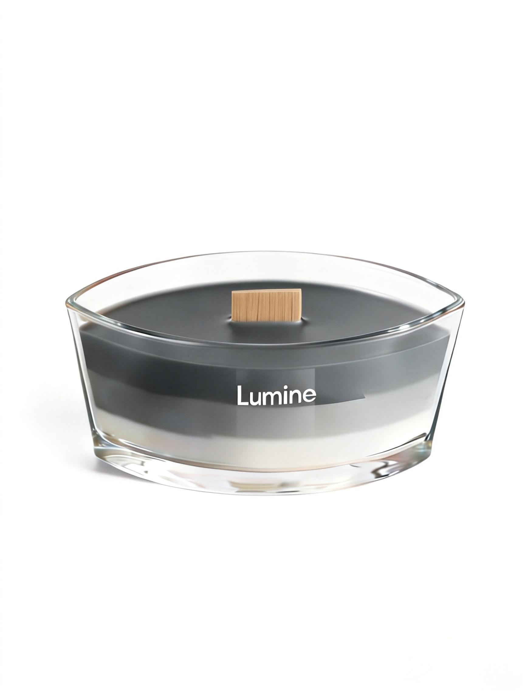 Top view of Lumine White Tea & Moss soy wax candle with the wooden lid removed, showing the wooden wick and layered wax.